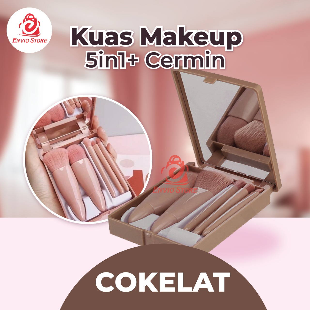 Kuas Makeup 5in1 + Cermin - COKLAT (Brush Makeup Set Portable With Box)