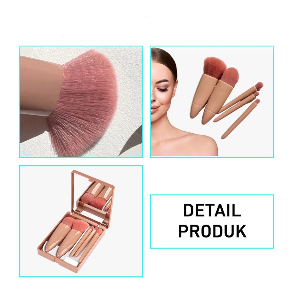 Kuas Makeup 5in1 + Cermin - COKLAT (Brush Makeup Set Portable With Box)