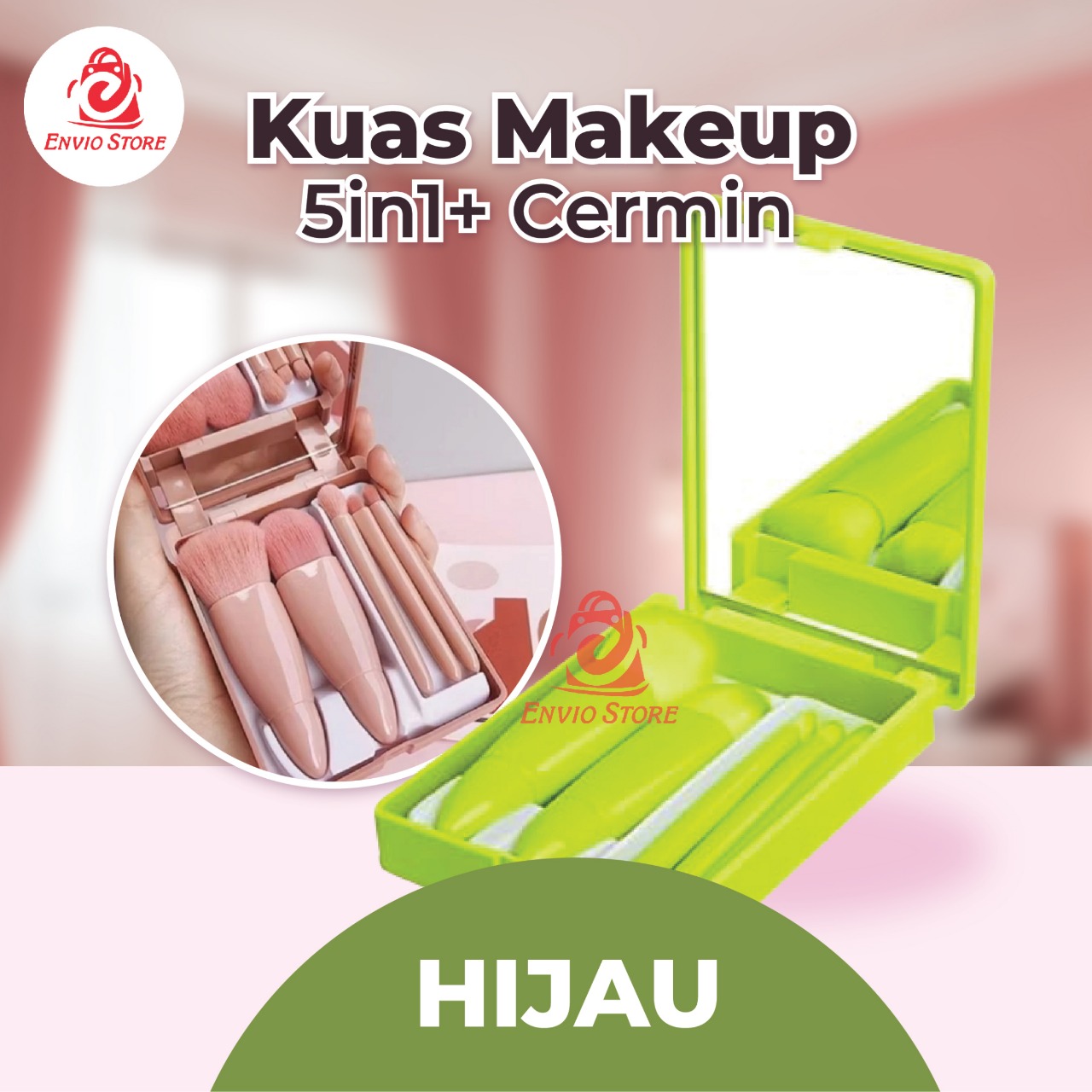 Kuas Makeup 5in1 + Cermin - HIJAU (Brush Makeup Set Portable With Box)