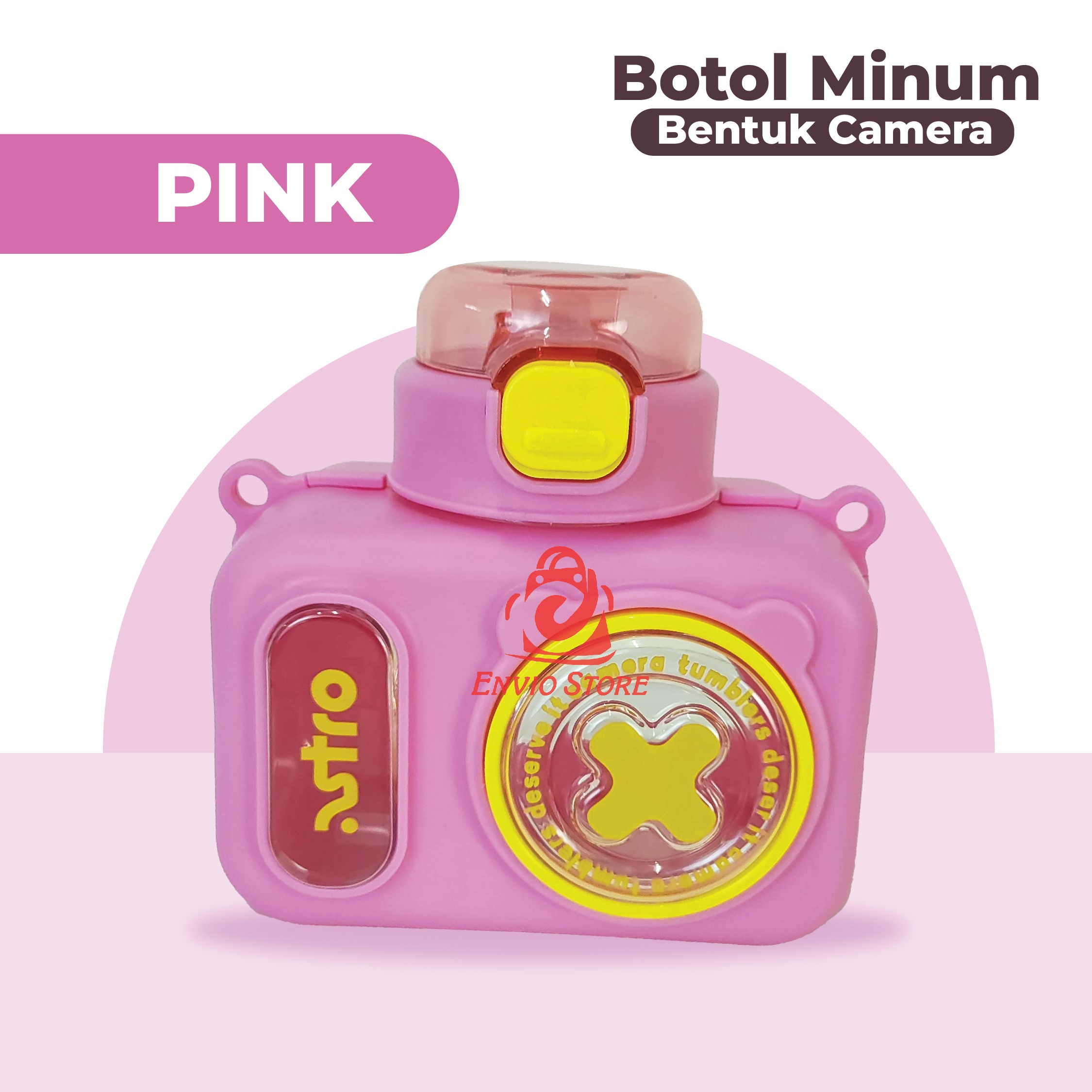 Botol Minum Anak Bentuk Camera 600ml - PINK (Free Sedotan dan Strap) (HX3503)