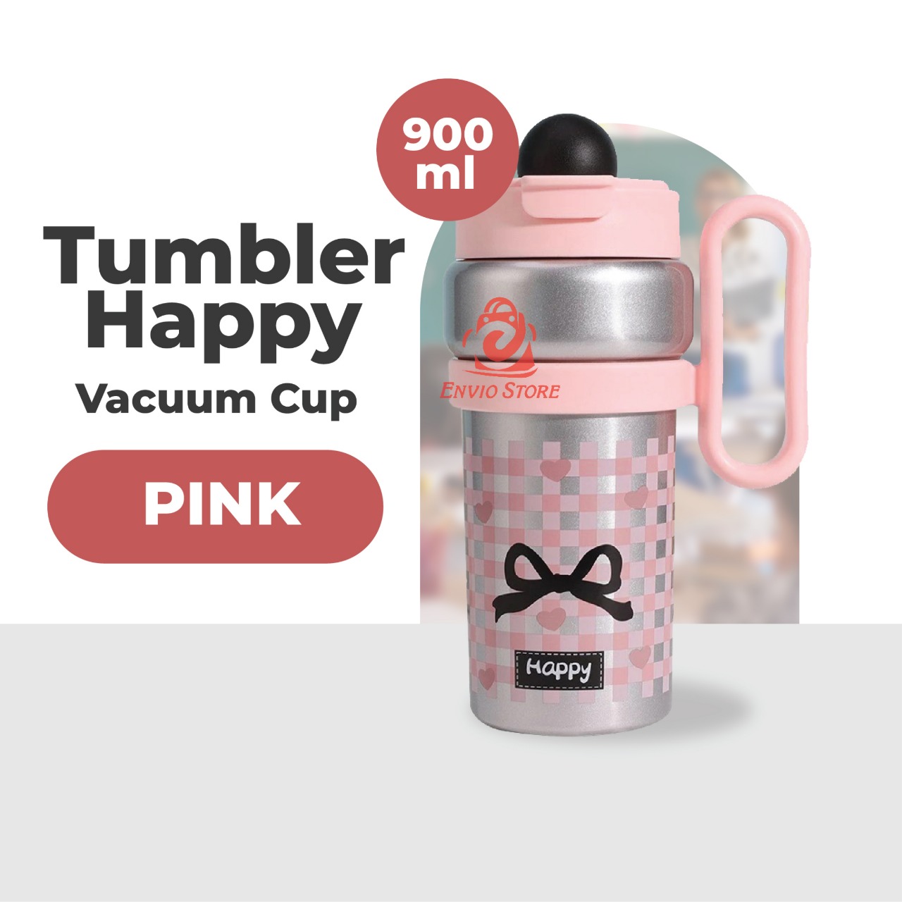 Tumbler Happy Vacuum Cup 900ml - PINK (Termos Tumblr Stainless) (HN 2225)