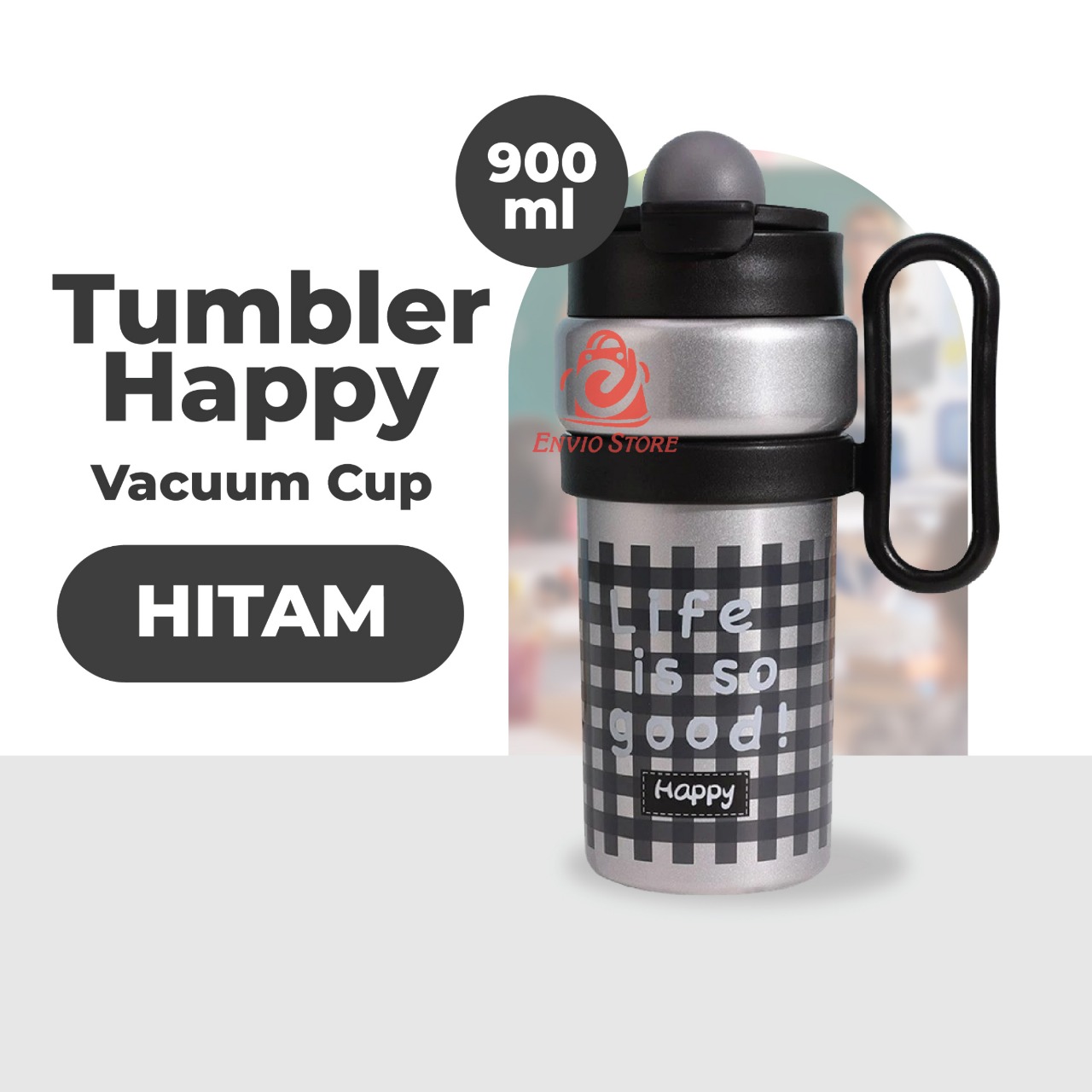 Tumbler Happy Vacuum Cup 900ml - HITAM (Termos Tumblr Stainless) (HN 2225)