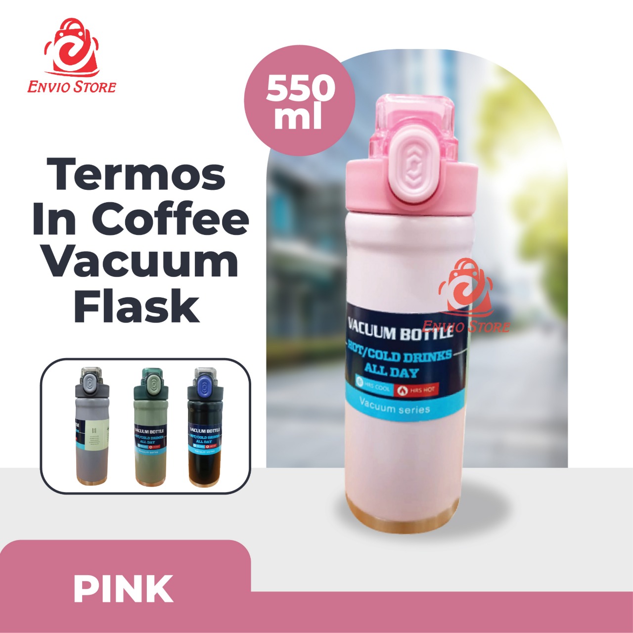 Termos In Coffee Vacuum Flask 550ml - PINK (Botol Minum Stainless) (HN 2224)
