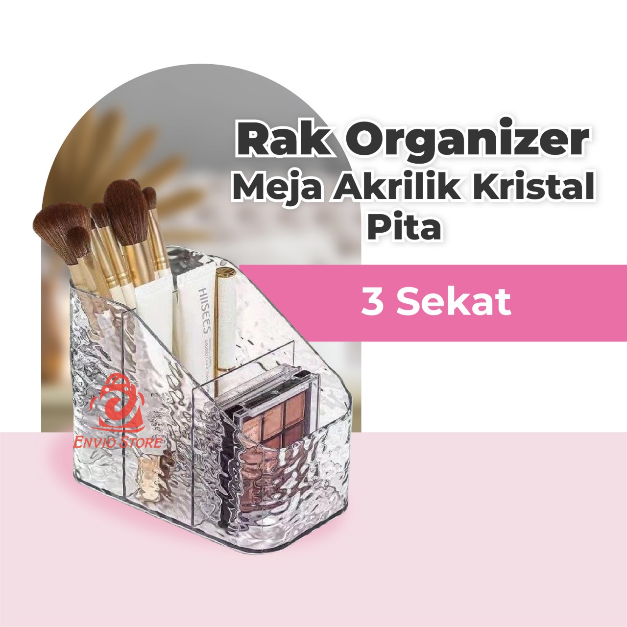 Rak Organizer Meja Akrilik Kristal Pita 3 Sekat