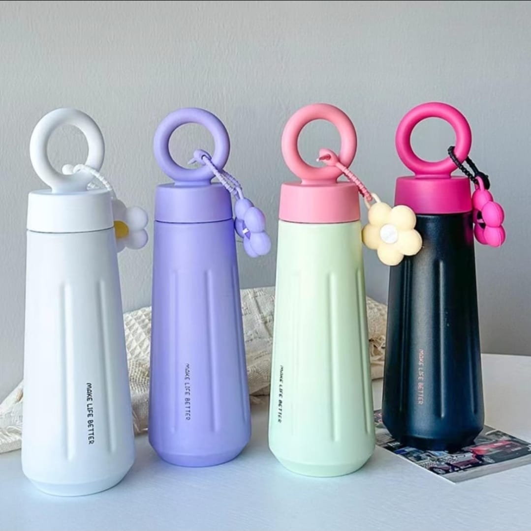 Tumbler Stainless Aesthetic Flower Charm 450ml - HITAM (Botol Minum) (2029)