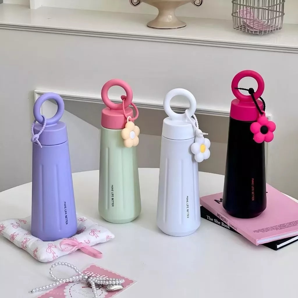 Tumbler Stainless Aesthetic Flower Charm 450ml - HITAM (Botol Minum) (2029)