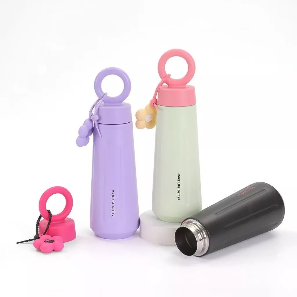 Tumbler Stainless Aesthetic Flower Charm 450ml - HITAM (Botol Minum) (2029)