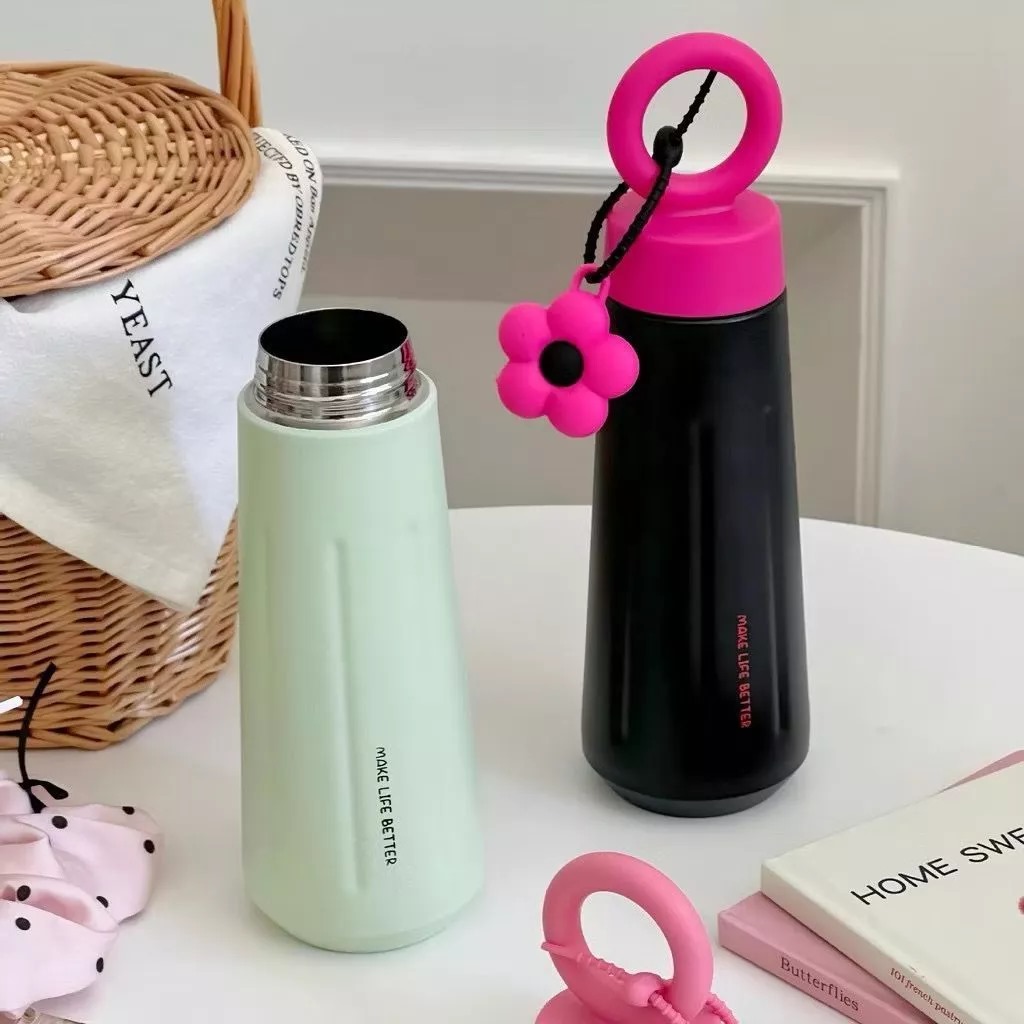 Tumbler Stainless Aesthetic Flower Charm 450ml - HITAM (Botol Minum) (2029)