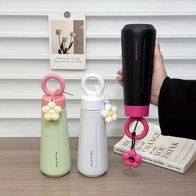 Tumbler Stainless Aesthetic Flower Charm 450ml - HITAM (Botol Minum) (2029)