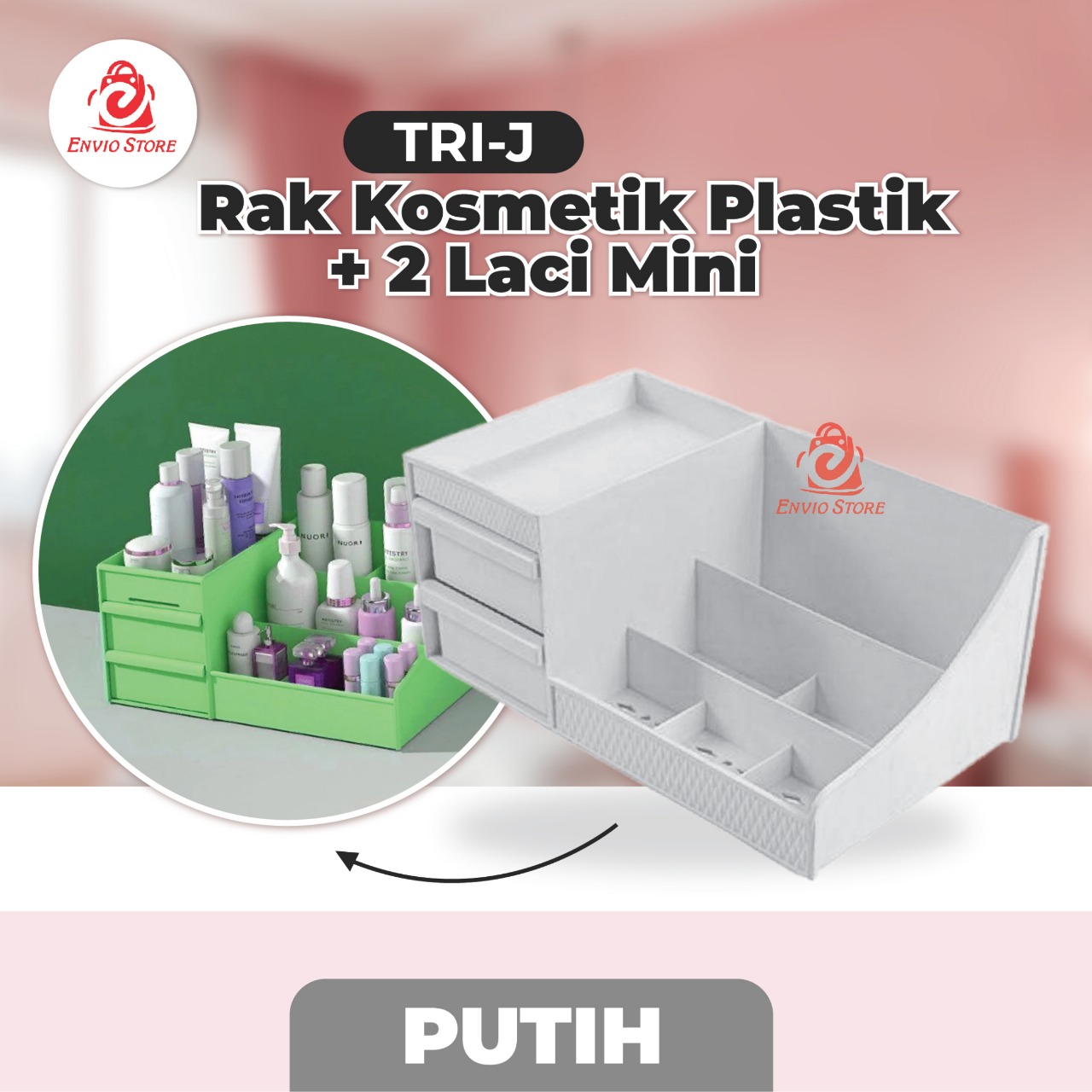 TRI J - Rak Kosmetik Plastik + 2 Laci Mini - PUTIH (Makeup Storage)