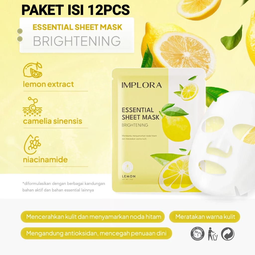 (PAKET ISI 12) Implora Essential Sheet Mask 25gr - Lemon (Brightening)