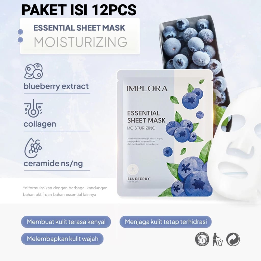 (PAKET ISI 12) Implora Essential Sheet Mask 25gr - Blueberry (Moisturizing)