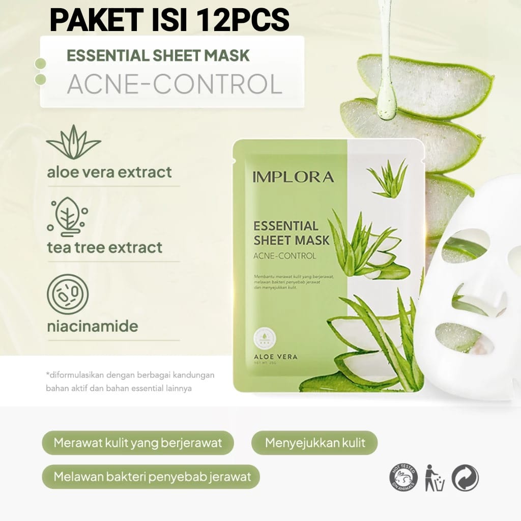 (PAKET ISI 12) Implora Essential Sheet Mask 25gr - Aloe Vera (Acne Control)