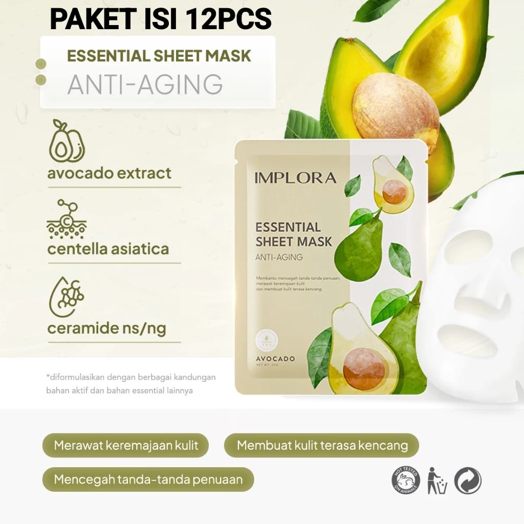 (PAKET ISI 12) Implora Essential Sheet Mask 25gr - Avocado (Anti Aging)