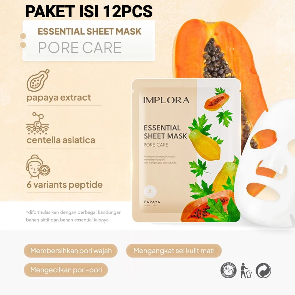 (PAKET ISI 12) Implora Essential Sheet Mask 25gr - Papaya (Pore Care)