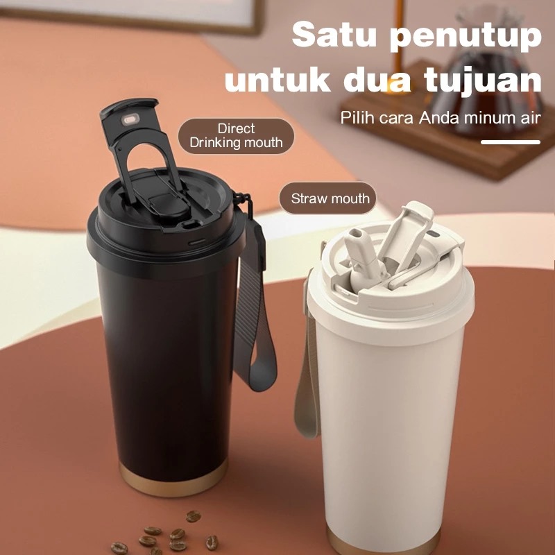 Botol Tumblr Coffee Stainless POLOS 530ml - HITAM (Free Tali Strap + Sedotan) (ST8192)