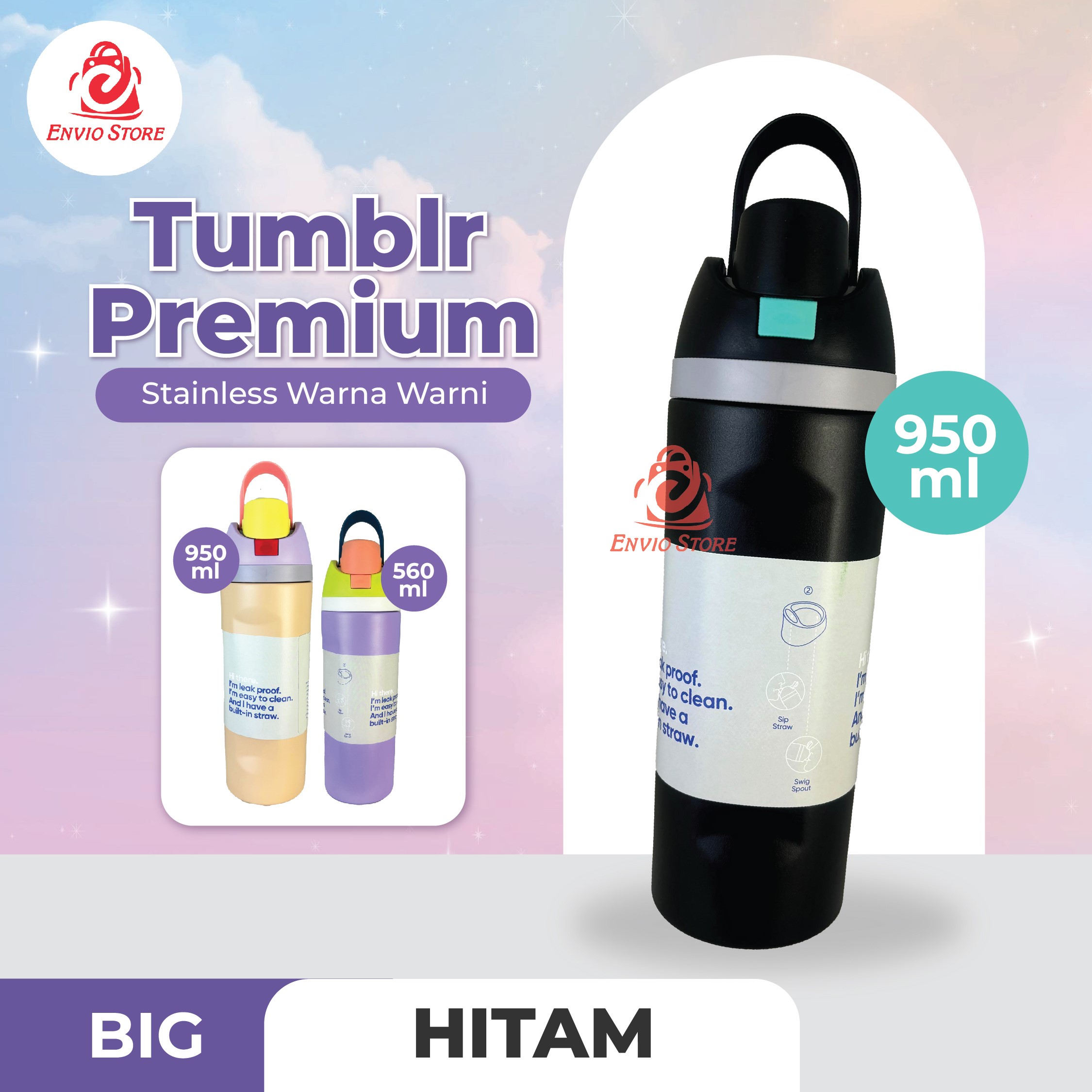 (BIG) Tumblr Premium Stainless Warna Warni 950ml (2378) - HITAM (Botol Tahan Panas Dingin)