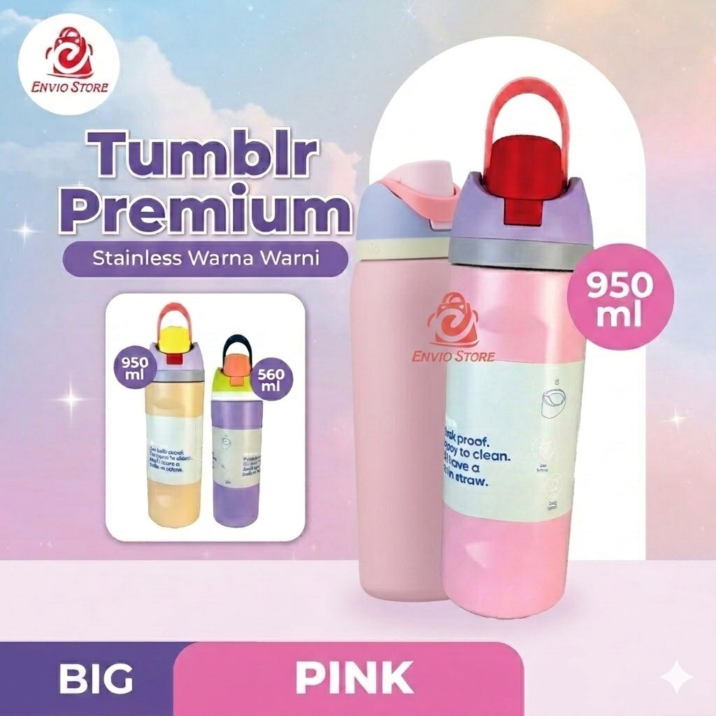 (BIG) Tumblr Premium Stainless Warna Warni 950ml (2378) - PINK (Botol Tahan Panas Dingin)
