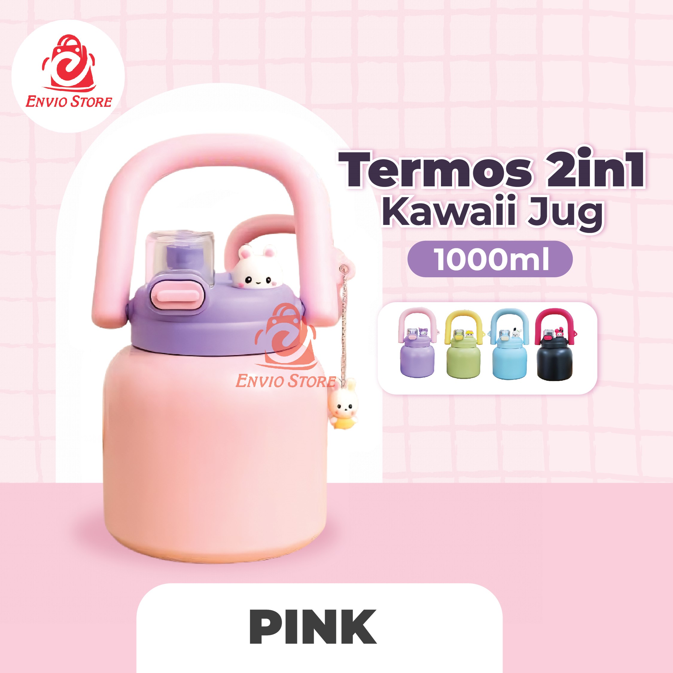 Termos 2in1 Kawaii Jug 1000ml (9230) - PINK (Vacuum Cup Happy Everyday) Termos 2in1 Kawaii Jug 1000ml (9230) - PINK (Vacuum Cup Happy Everyday)