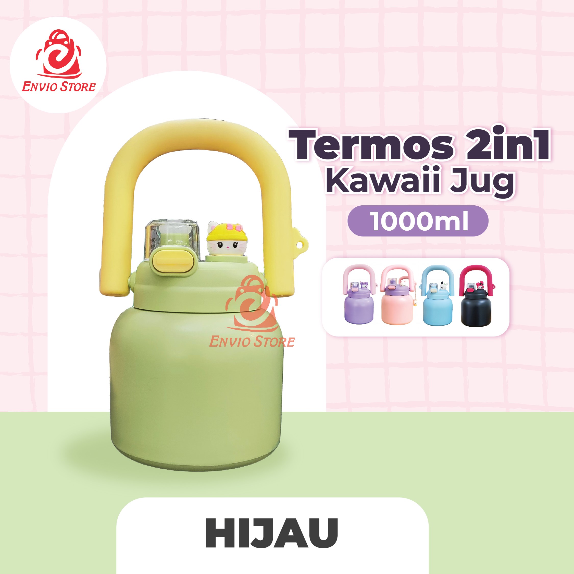Termos 2in1 Kawaii Jug 1000ml (9230) - HIJAU (Vacuum Cup Happy Everyday) Termos 2in1 Kawaii Jug 1000ml (9230) - HIJAU (Vacuum Cup Happy Everyday)