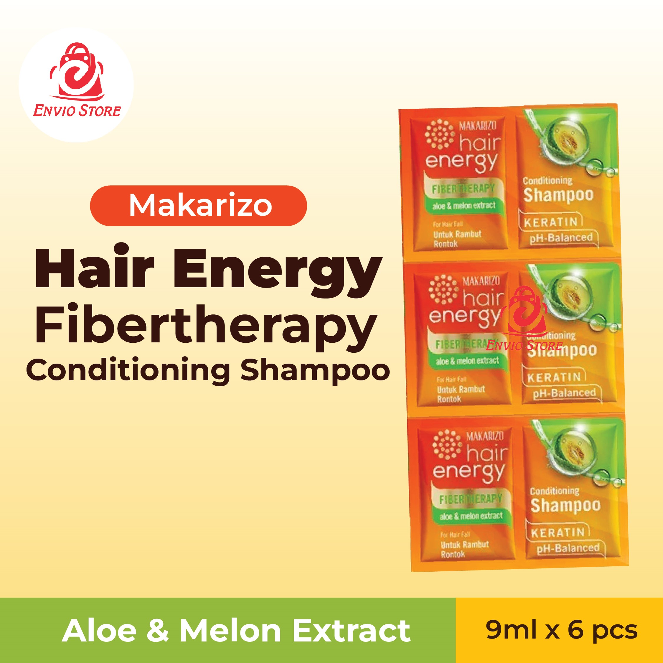 (PAKET ISI 6) Makarizo Hair Energy Fibertherapy Conditioning Shampoo 9ml Sachet - Aloe & Melon (Hijau)