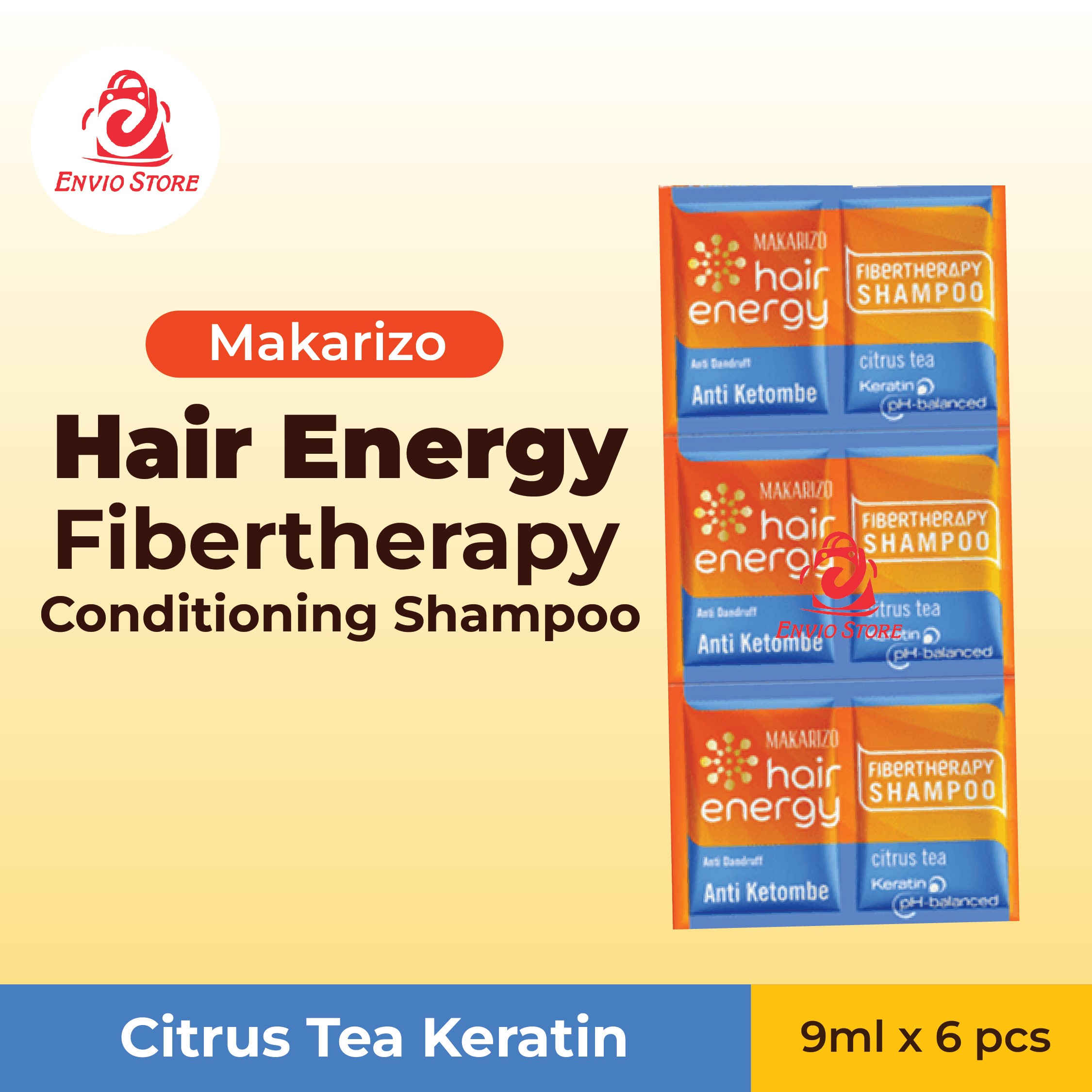 (PAKET ISI 6) Makarizo Hair Energy Fibertherapy Shampoo Anti Dandruff 9ml Sachet - Citrus Tea (Biru)
