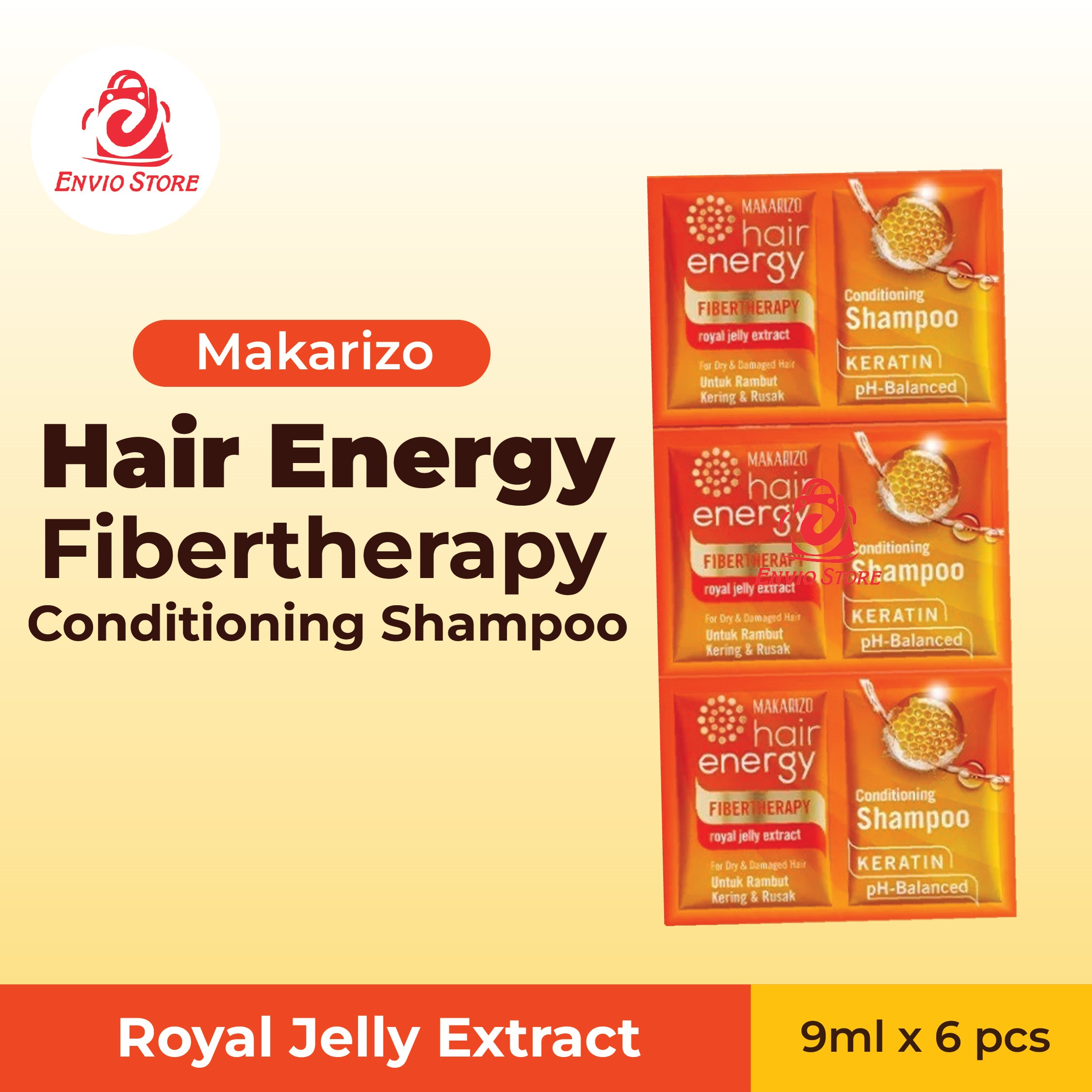 (PAKET ISI 6) Makarizo Hair Energy Fibertherapy Conditioning Shampoo 9ml Sachet - Royal Jelly (Orange)