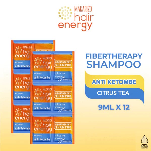 (PAKET ISI 12) Makarizo Hair Energy Fibertherapy Shampoo Anti Dandruff 9ml Sachet - Citrus Tea (Biru)