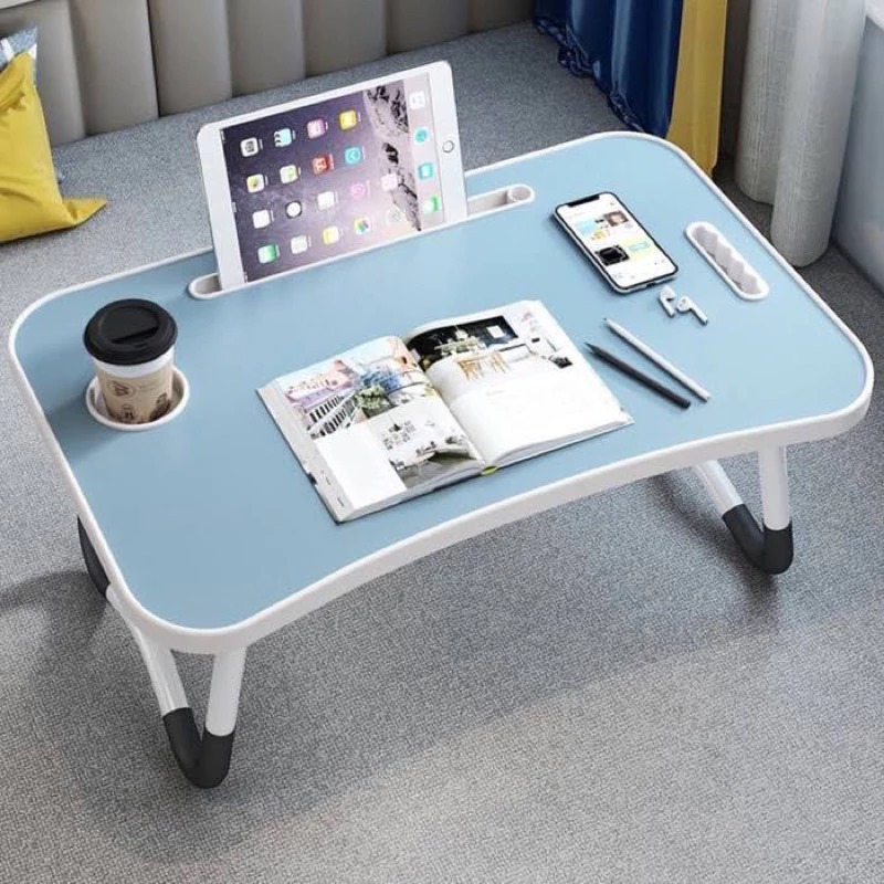 Meja Laptop Lipat Portable POLOS 60x40cm - BIRU (Tab + Gelas)
