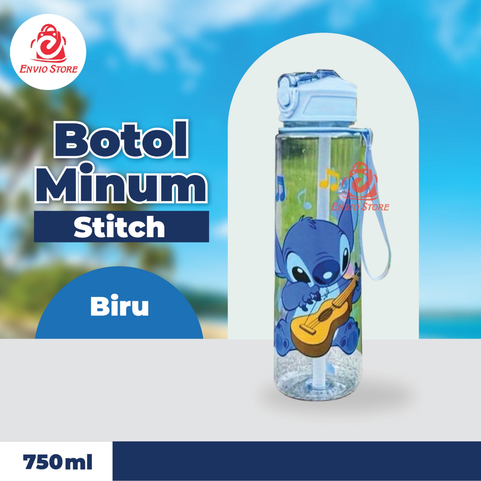 Botol Minum Stitch 750ml - BIRU (Free Sedotan + Strap)