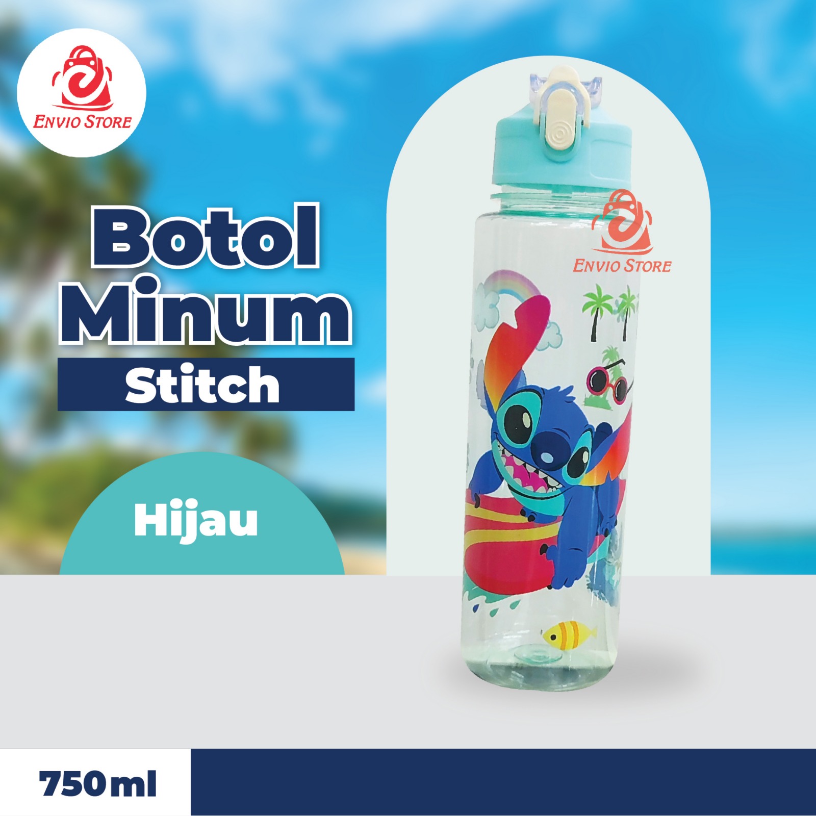 Botol Minum Stitch 750ml - HIJAU (Free Sedotan + Strap)