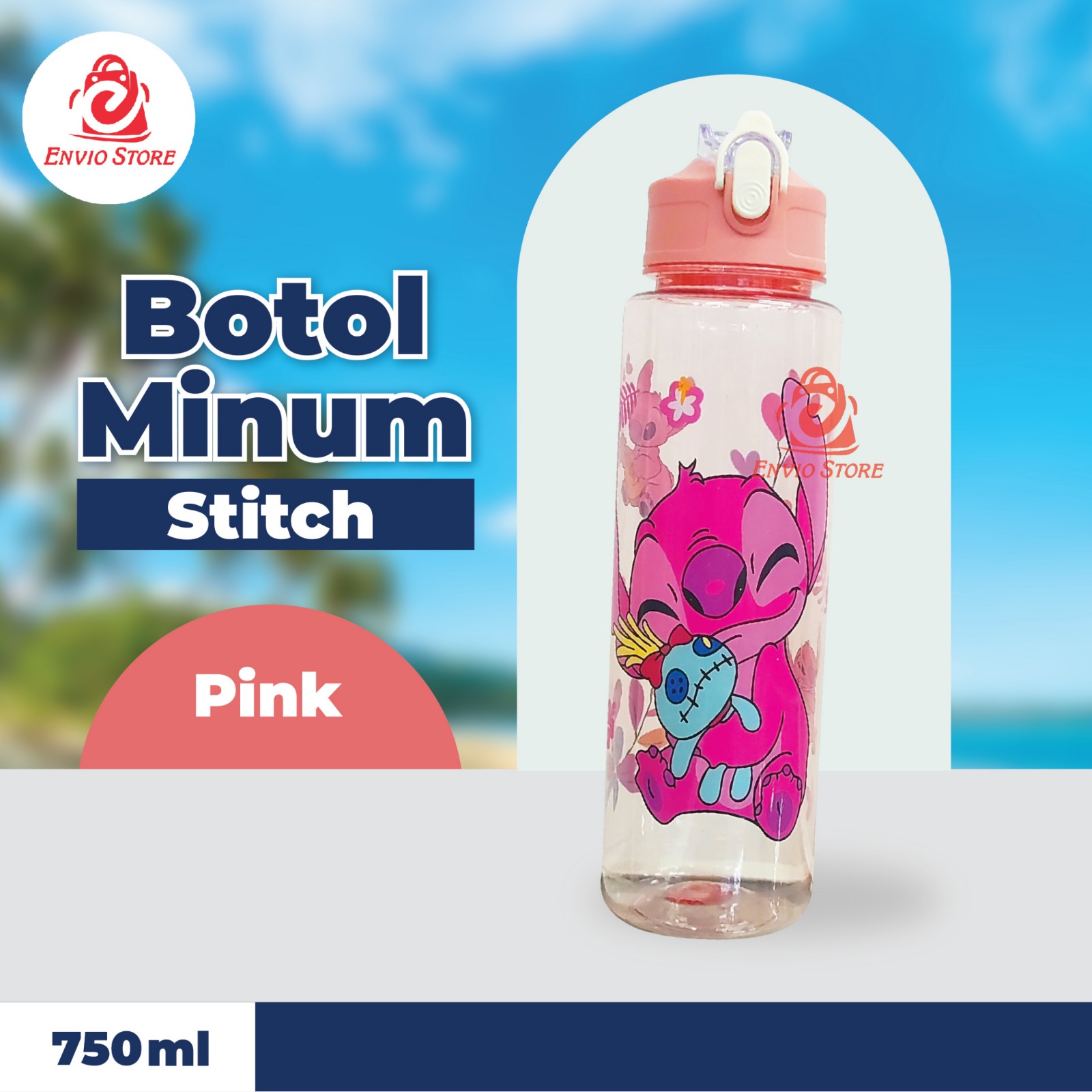 Botol Minum Stitch 750ml - PINK (Free Sedotan + Strap)