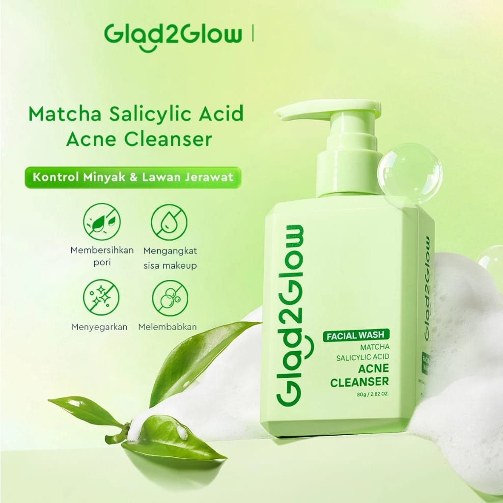 Glad 2 Glow Cleanser - Matcha Salicylic Acid Acne Facial Wash 80gr Glad 2 Glow Cleanser - Matcha Salicylic Acid Acne Facial Wash 80gr
