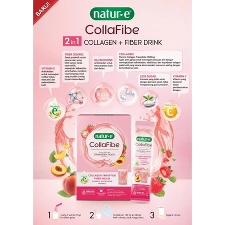 Natur-E CollaFibe Collagen Tripeptide Fiber Inulin (1 Box isi 6pcs) - Strawberry Peach