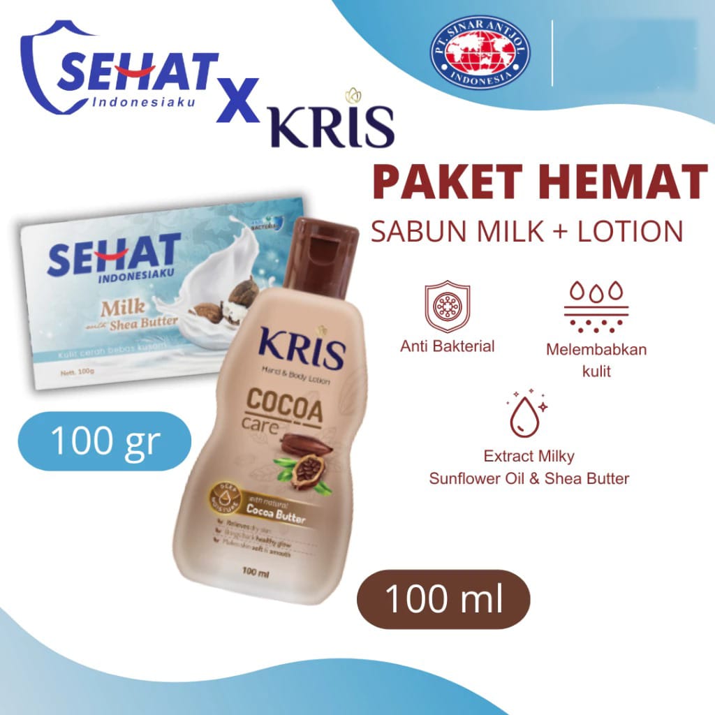 (Paket Hemat 2in1) Sabun Sehat Milk with Shea Butter 100gr + Kris Hand & Body Lotion Cocoa 100ml