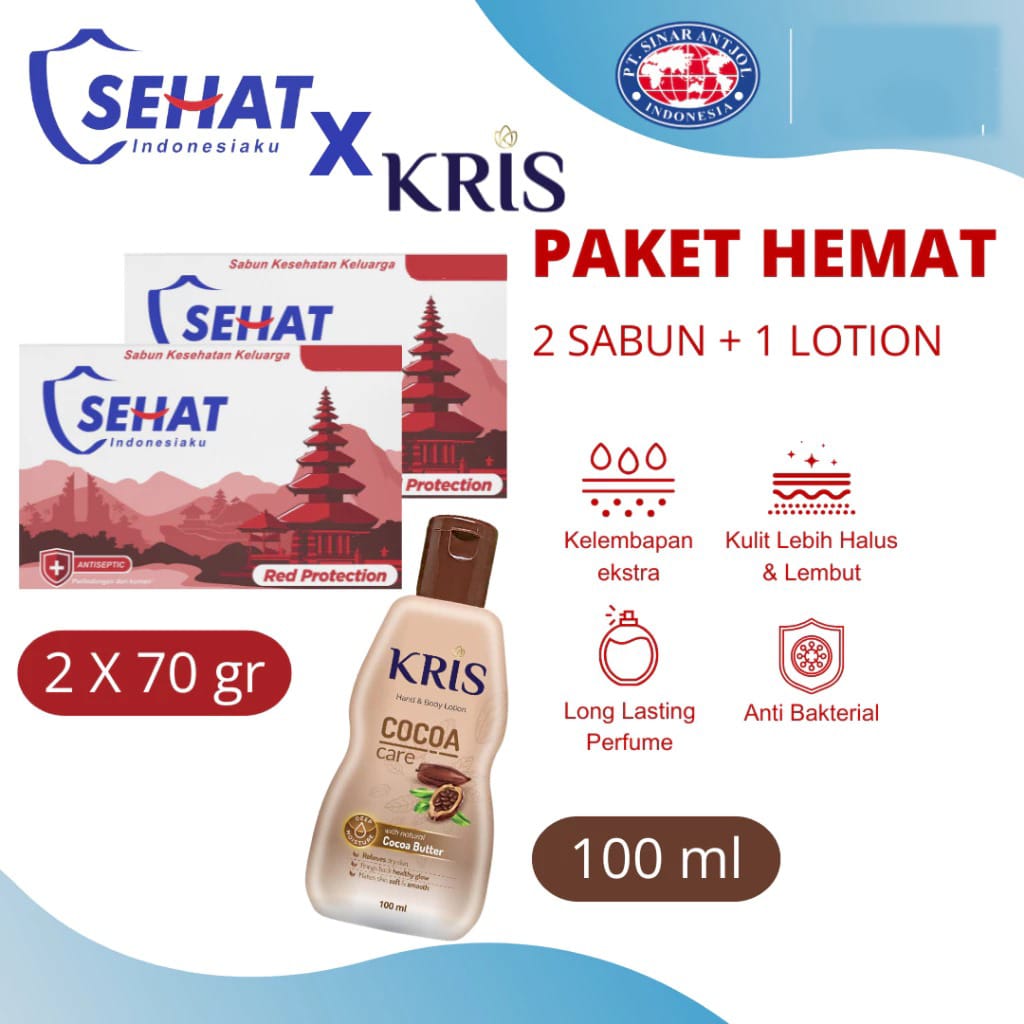 (Paket Hemat 3in1) Sabun Sehat Anti Bacterial 70gr (Isi 2pcs) +  Kris Hand & Body Lotion Cocoa 100ml