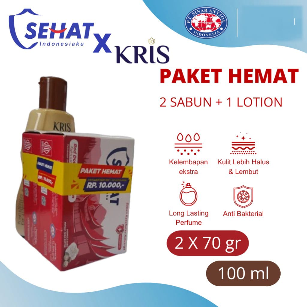 (Paket Hemat 3in1) Sabun Sehat Anti Bacterial 70gr (Isi 2pcs) +  Kris Hand & Body Lotion Cocoa 100ml