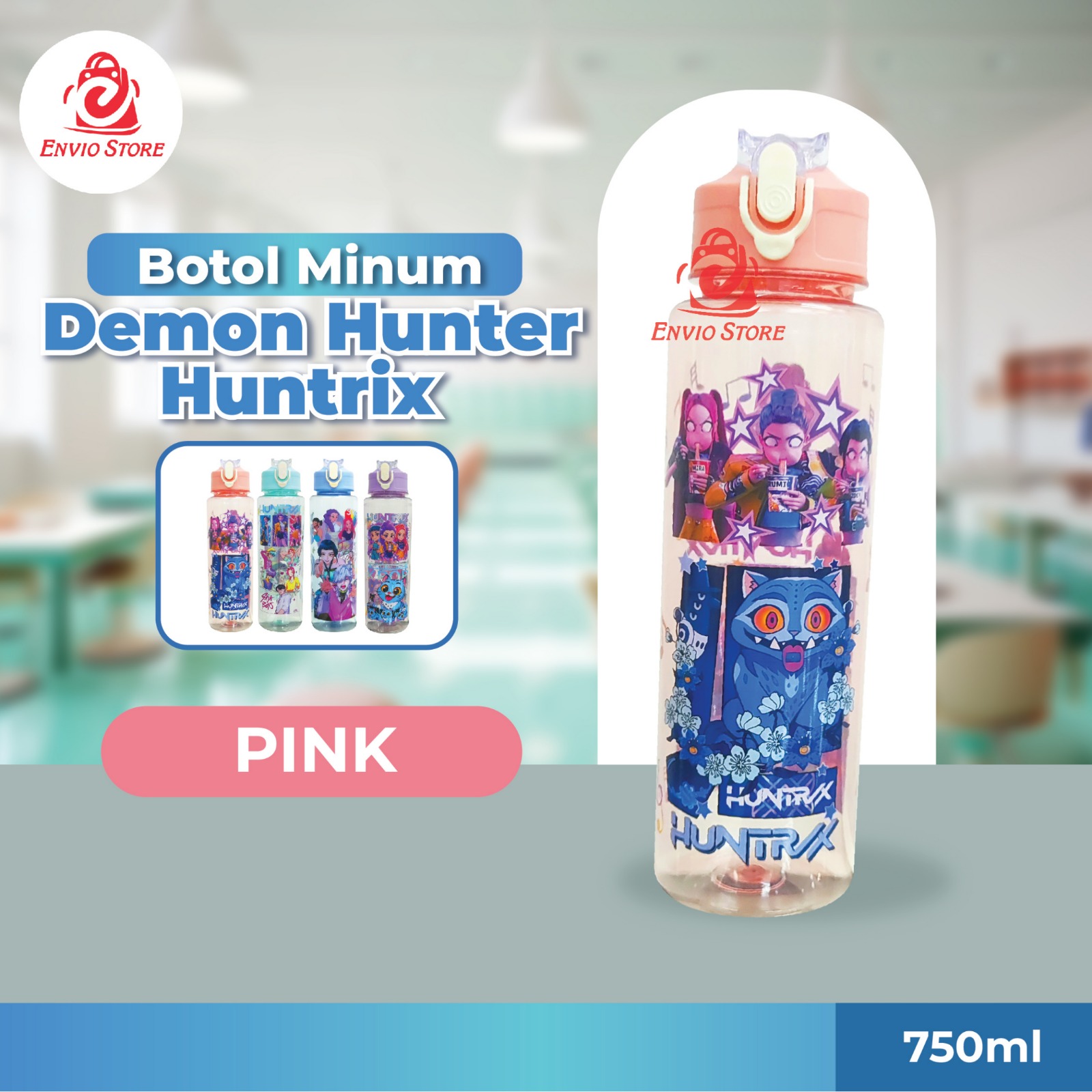 Botol Minum Demon Hunter Huntrix 750ml - PINK (Free Sedotan + Strap)