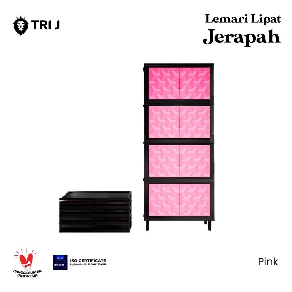 TRI J - Lemari Lipat Jerapah 4 Susun - PINK (Lemari Baju Serbaguna 4 Tingkat)
