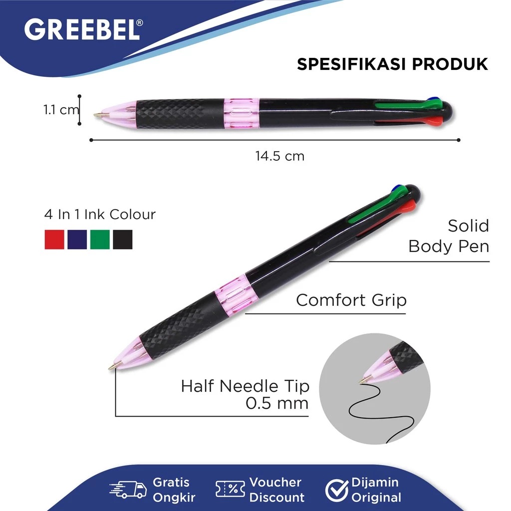 GREEBEL Ballpoint 0.5mm (Pulpen Tinta Premium) - ROYALE 4 COLOURS