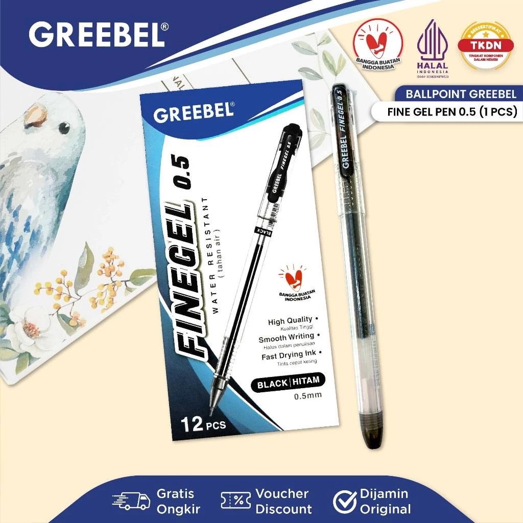 GREEBEL Gel Pen 0.5mm - GP501 FINE GEL BLACK (Pulpen Gel Tinta Halus Nyaman Digunakan)