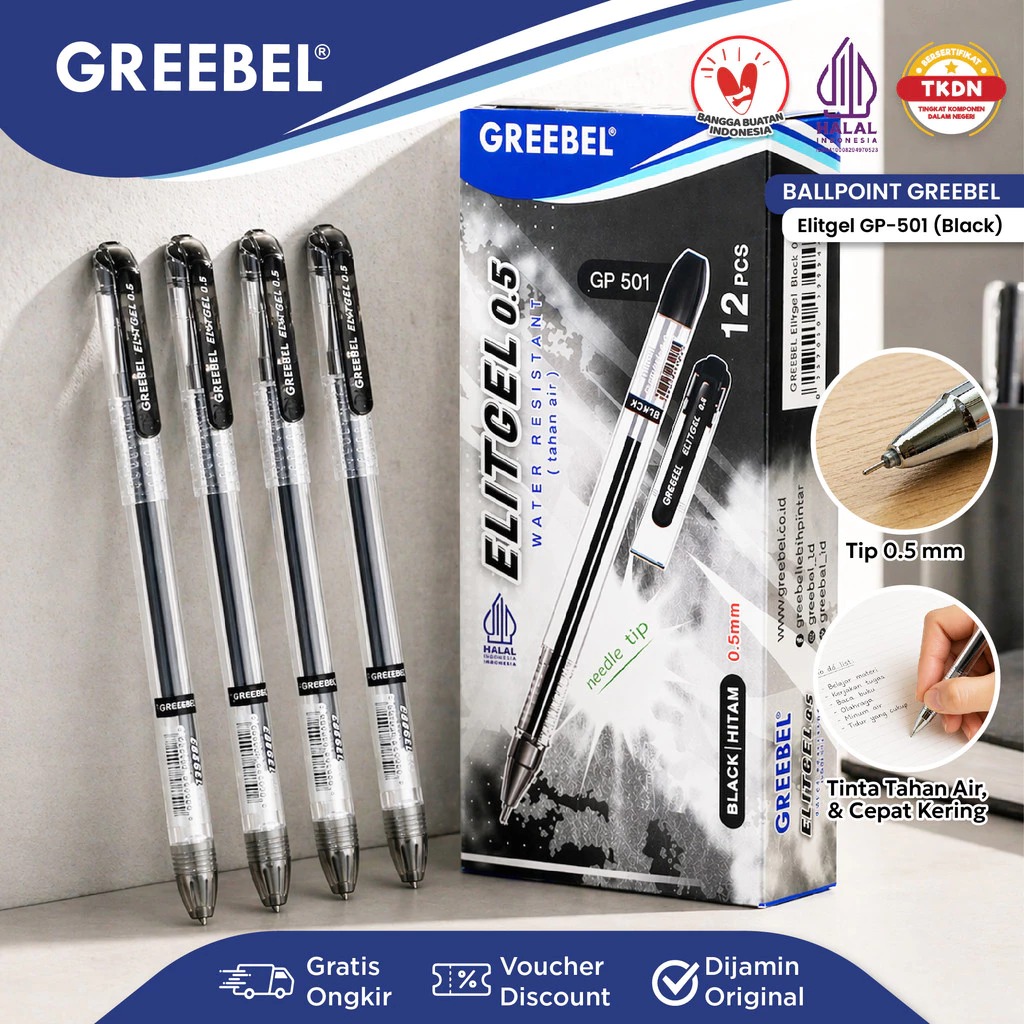 GREEBEL Gel Pen 0.5mm - GP501 ELITGEL BLACK (Pulpen Gel Tinta Halus Nyaman Digunakan)