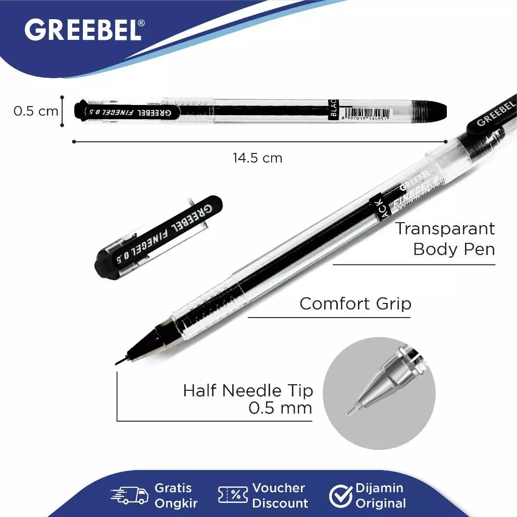 GREEBEL Gel Pen 0.5mm - GP501 FINE GEL BLACK (Pulpen Gel Tinta Halus Nyaman Digunakan)