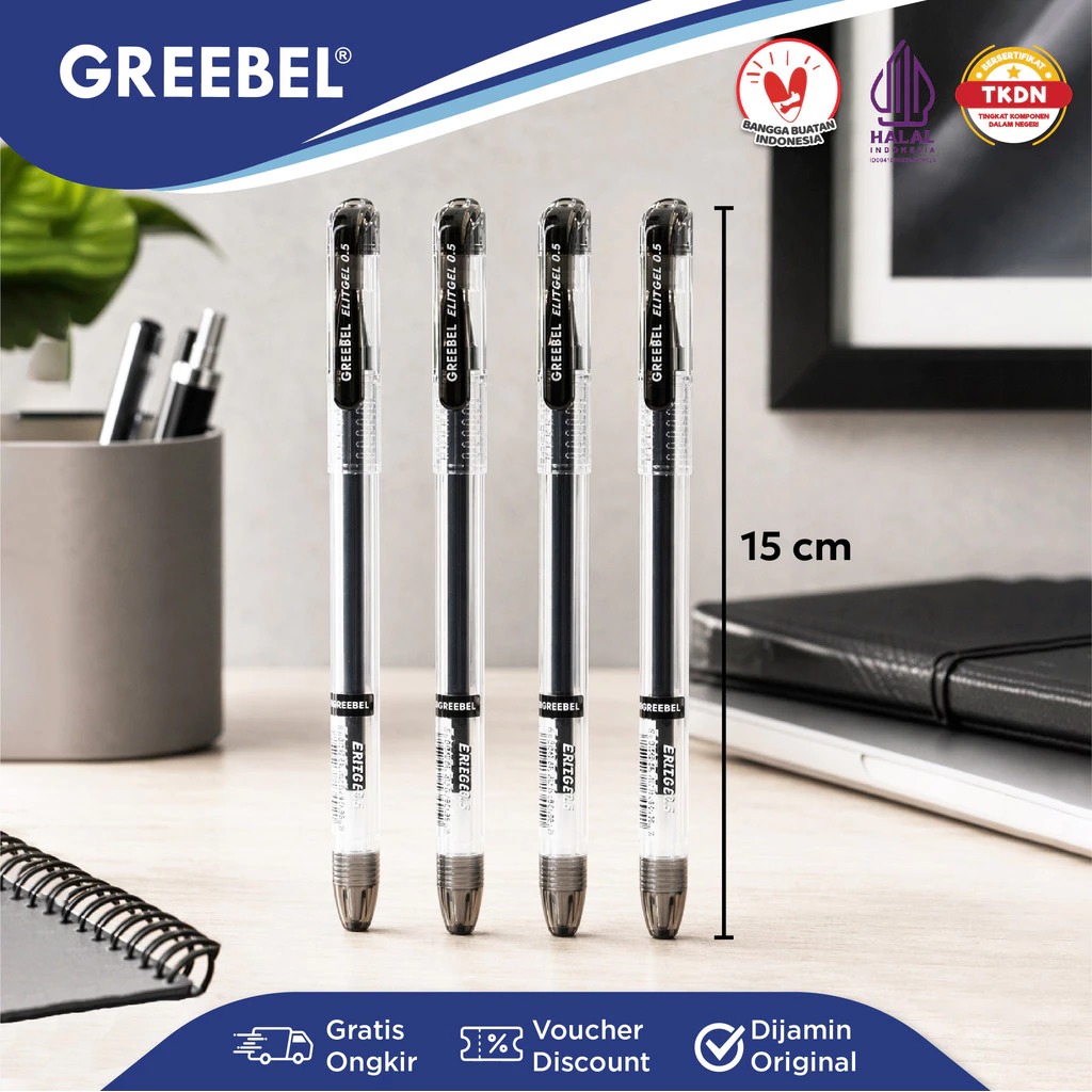 GREEBEL Gel Pen 0.5mm - GP501 ELITGEL BLACK (Pulpen Gel Tinta Halus Nyaman Digunakan)