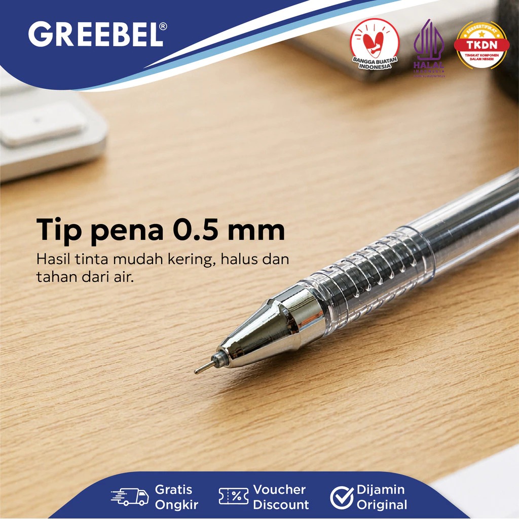 GREEBEL Gel Pen 0.5mm - GP501 ELITGEL BLACK (Pulpen Gel Tinta Halus Nyaman Digunakan)