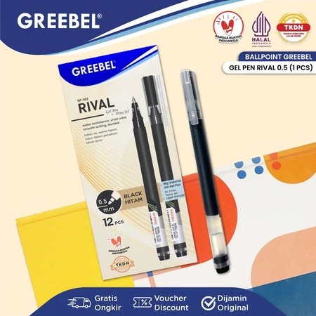 GREEBEL Gel Pen 0.5mm - GP502 RIVAL BLACK (Pulpen Gel Tinta Halus Nyaman Digunakan)