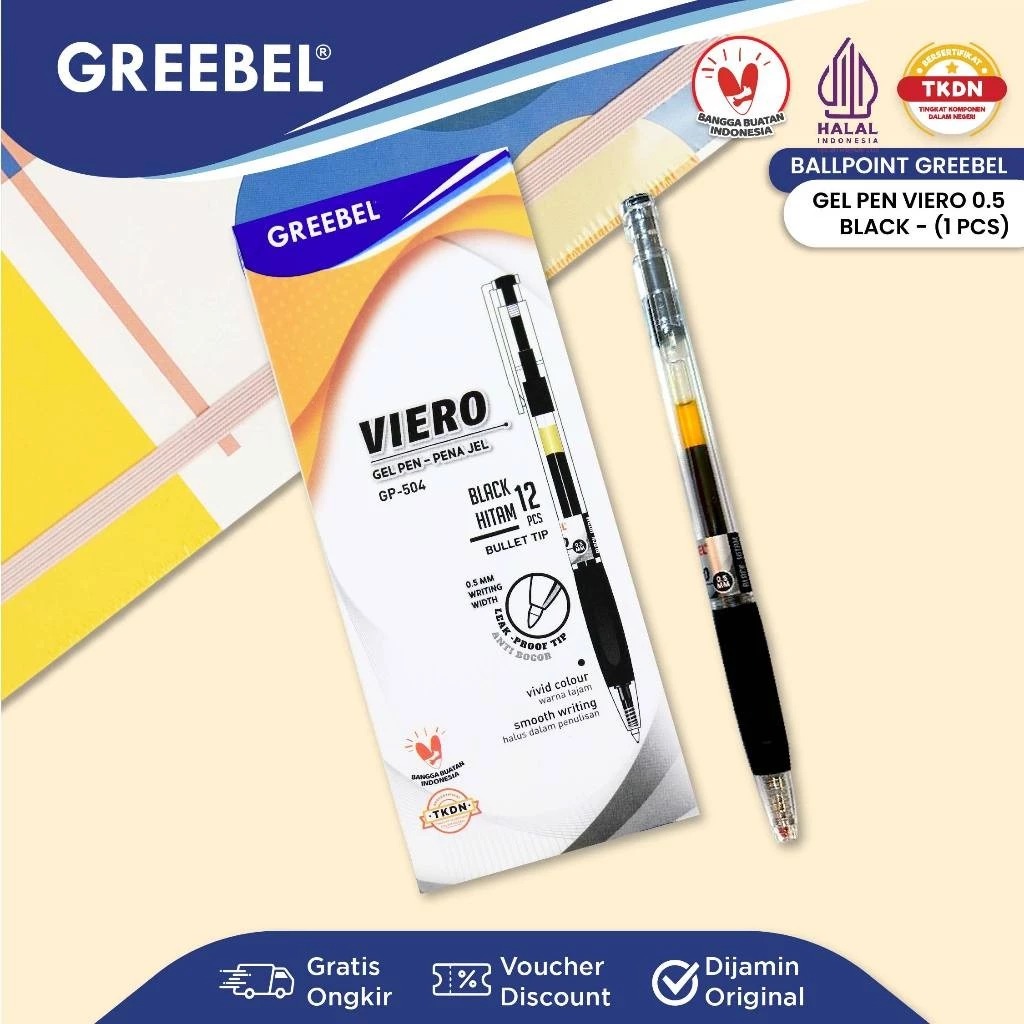 GREEBEL Gel Pen 0.5mm - GP504 VIERO BLACK (Pulpen Gel Tinta Halus Nyaman Digunakan)