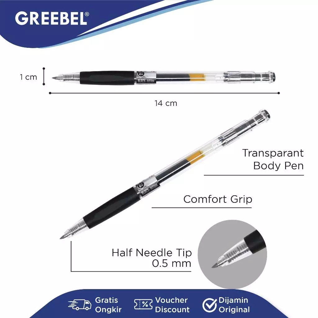 GREEBEL Gel Pen 0.5mm - GP504 VIERO BLACK (Pulpen Gel Tinta Halus Nyaman Digunakan)
