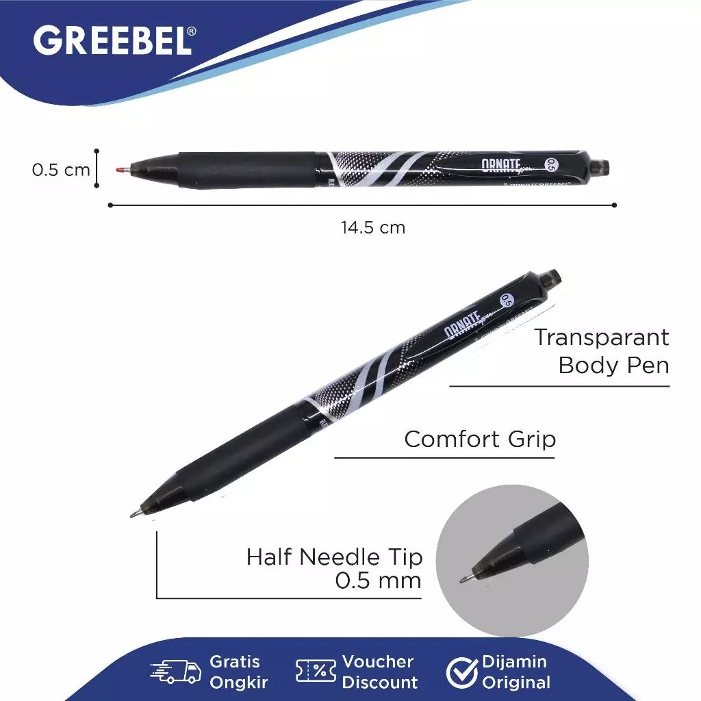 GREEBEL Gel Pen 0.5mm - GP505 ORNATE BLACK (Pulpen Gel Tinta Halus Nyaman Digunakan)