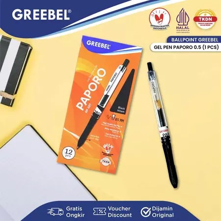 GREEBEL Gel Pen 0.5mm - GP507 PAPORO BLACK (Pulpen Gel Tinta Halus Nyaman Digunakan)